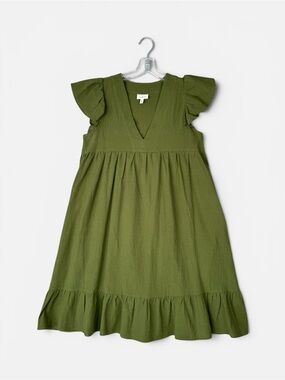 TheGet Tiered Babydoll Mini Dress XS Olive Green V Neck Ruffled Pockets